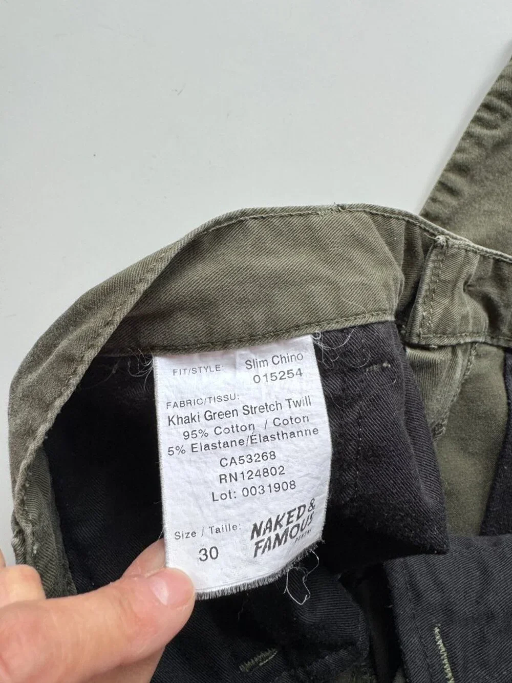 NAKED & FAMOUS Khaki Green Stretch Twill Slim Chino Pants, Size 30 - Picture 14 of 15